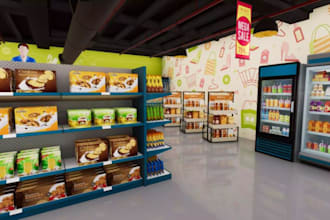 create 3d supermarket interior, 3d restaurant, cafe design, shop, 3d rendering