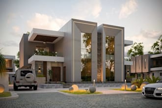 redesign modern duplex house exterior,villa facade render,outdoor seating lounge