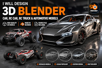 design 3d blender car, rc car, rc truck and automotive models
