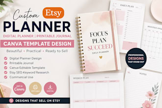 create etsy planner, digital planner, printable journal, canva template design