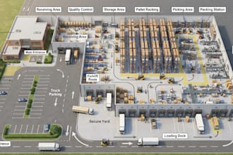 create a warehouse layout, distribution center design, and logistics master plan