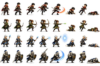 make 16bit rpg style sprites with animation, pixel art tileset, mv mz