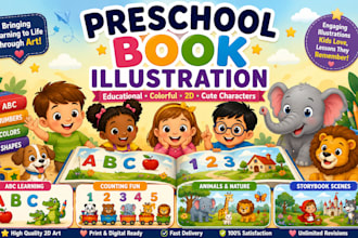illustrate your educational preschool book with colorful 2d art n cute character