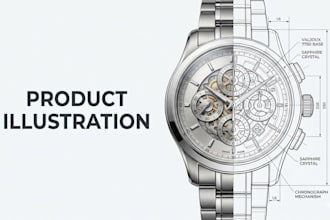 create detailed  product line art and technical product illustrations