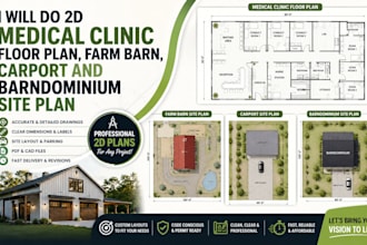 do 2d medical clinic floor plan, farm barn, carport and barndominium site plan