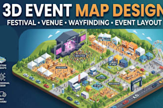 design a 3d isometric event map, festival map, venue map and event layout