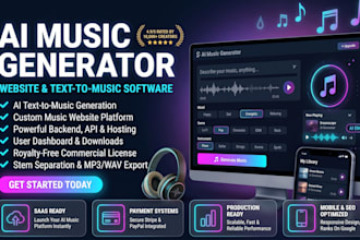 develop ai music generator website, text to music app and ai music saas