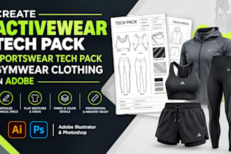 create activewear tech pack, sportswear tech pack, gymwear clothing in adobe