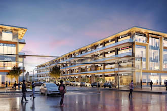 visualize unit retail store, 3d shopping market complex, strip storefront render