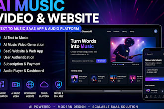 build ai music video and website, text to music saas app,  audio platform