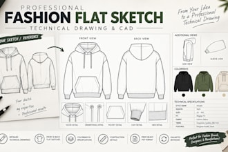create fashion flat sketches and technical drawings for clothing