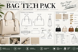 design professional bag and handbag tech pack for manufacturing
