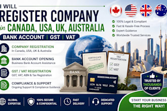 register company in canada, USA, UK, australia bank account, gst vat