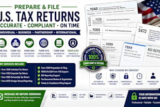 prepare and file us tax return 1040, 1120, 1065, 5472, 1099 and fbar boi report