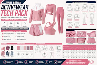 create activewear tech pack for leggings, gym wear and sportswear for production