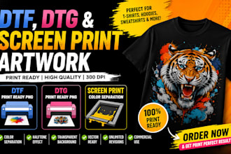 create dtf color separation, dtg print ready png and screen print artwork