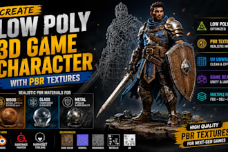 create low poly 3d game character model with pbr textures for wood glass metal