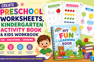 create preschool worksheet, kindergarten activity book and kids workbook