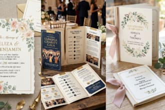 design wedding invite card, ceremony program booklet, reception event brochure