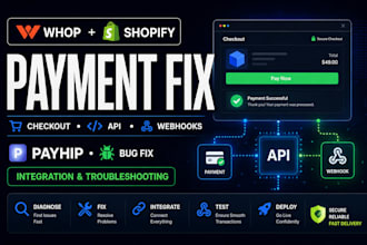fix whop shopify payment gateway checkout, API payhip issues webhooks and bugs