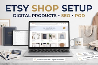 do etsy shop setup, design digital product, SEO, etsy product listings, etsy pod