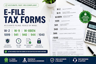 efile form w2, w9,w8 ben, 1099, 941, 940,944, 1040 forms