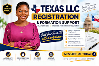 handle texas llc registration, file form 205 and prepare formation documents