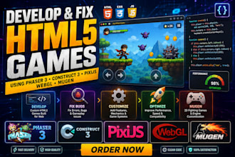 develop and fix HTML5 games using phaser 3 construct 3 pixijs webgl game mugen