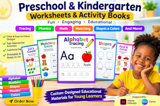 design preschool workbook, tracing matching and activity worksheets for kids