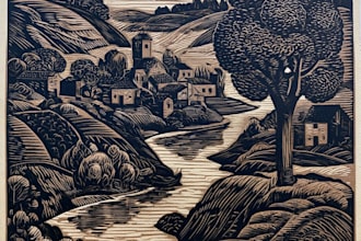 draw a vintage art illustration with linocut style