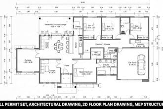 do full permit set, architectural drawing, 2d floor plan drawing, mep structural