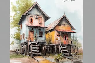 draw house illustration watercolor style