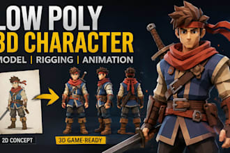 create 3d low poly character model rigging for game asset, animation in blender