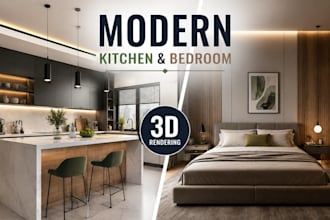 design modern kitchen and bedroom interior with realistic 3d rendering