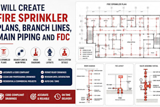 create USA  fire sprinkler plans, branch lines, main piping and fdc
