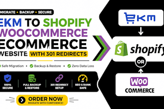 migrate backup ekm to shopify woocommerce ecommerce website with 301 redirects