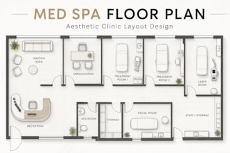 design med spa floor plan with treatment rooms, equipment and furniture layout