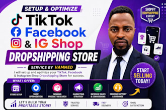 setup tiktok shop, facebook shop, ig shop, shopify store design and resign