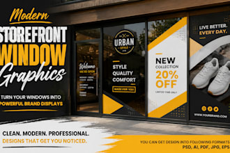 design modern storefront window graphics, shopfront signage, and retail decals