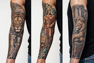 design custom realistic tattoo, black and grey sleeve