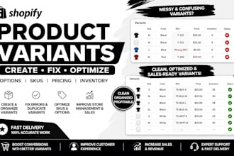 shopify product variants, options and sku fixes, create and optimize products