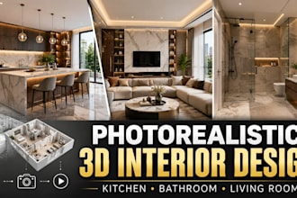do photorealistic kitchen bathroom living room interior design cgi 3d animation