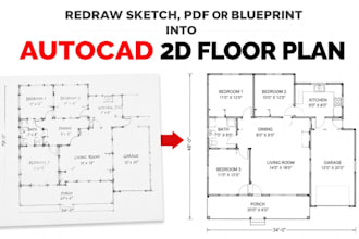 redraw sketch, pdf or blueprint into an autocad 2d floor plan and house plan