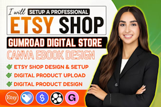 do gumroad digital product, canva ebook design, etsy shop setup, gumroad store