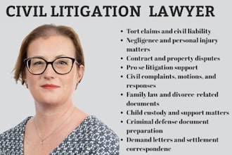 civil lawyer for wrongful termination, tort law, pro se, family law,criminal law