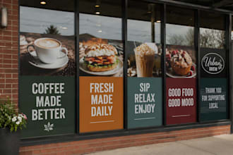 design restaurant, cafe, bakery storefront graphics, window decals,and signage
