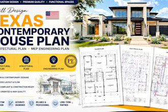design texas contemporary house plan, architectural plan, mep engineering plan