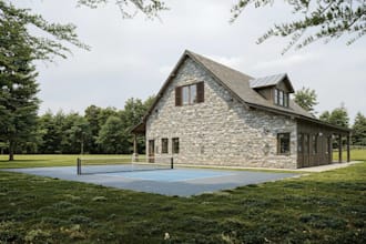 render 3d golf house,barn exterior,paddle center,cgi landscape, tennis court,skp