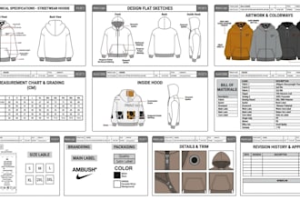 design streetwear hoodie tech pack with flat sketches for apparel brands