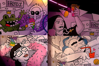 design custom restaurant murals, wall art, graffiti and digital illustrations